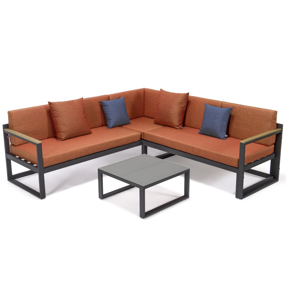 LeisureMod Chelsea Black Sectional With Adjustable Headrest & Coffee Table With Cushions CSLBL-80OR