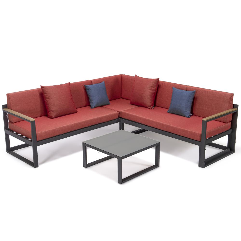 LeisureMod Chelsea Black Sectional With Adjustable Headrest & Coffee Table With Cushions CSLBL-80R