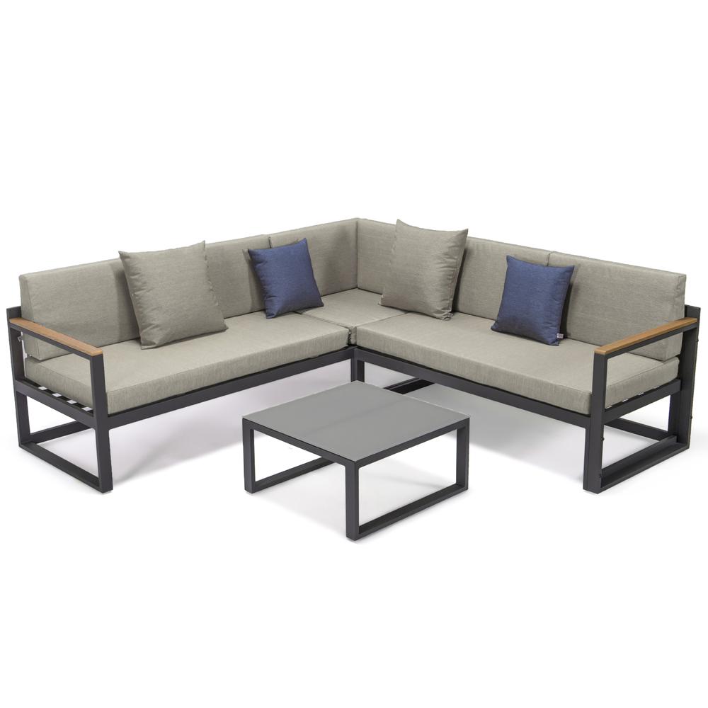 LeisureMod Chelsea Black Sectional With Adjustable Headrest & Coffee Table With Two Tone Cushions CSLBL-80BG-BU