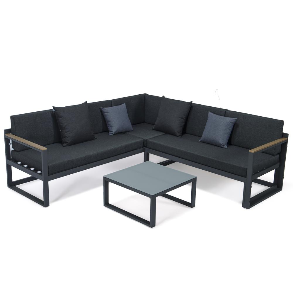 LeisureMod Chelsea Black Sectional With Adjustable Headrest & Coffee Table With Two Tone Cushions CSLBL-80BL-BU