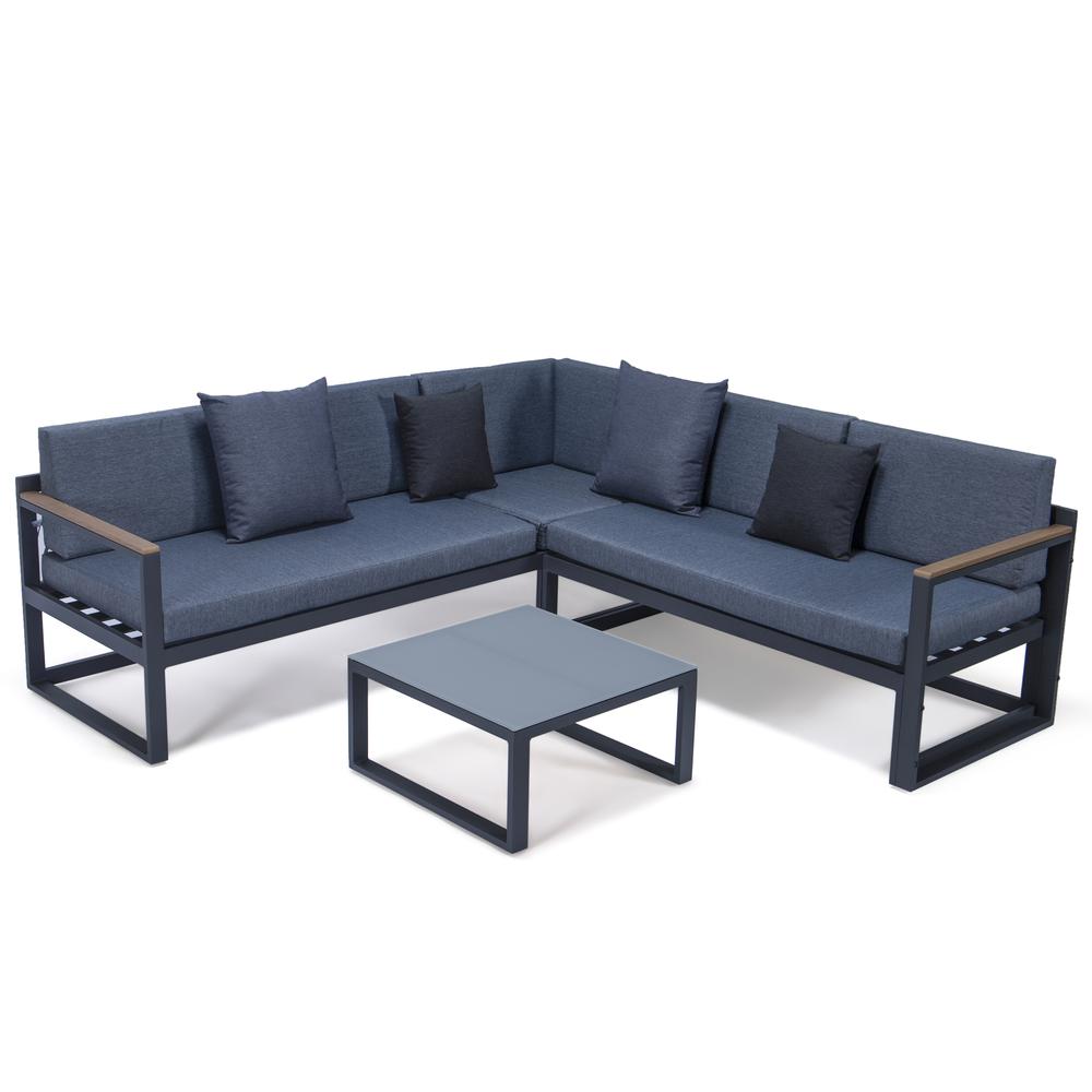LeisureMod Chelsea Black Sectional With Adjustable Headrest & Coffee Table With Two Tone Cushions CSLBL-80BU-BL