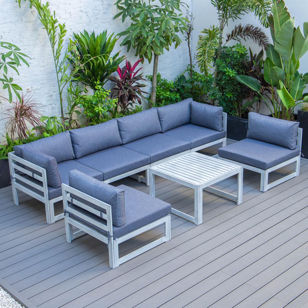 LeisureMod Chelsea 7-Piece Patio Sectional And Coffee Table Set Weathered Grey Aluminum With Cushions CSTWGR-7BU