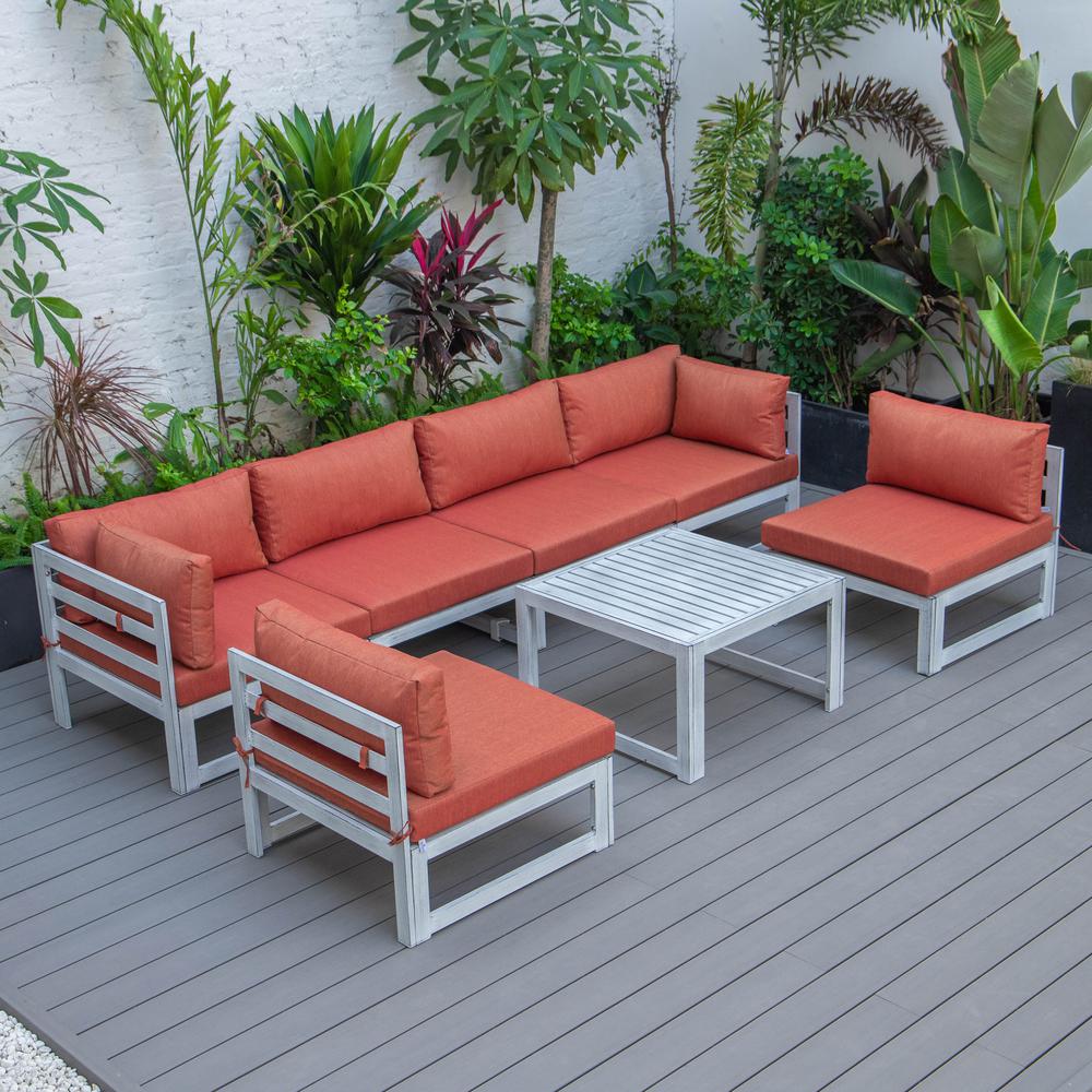 LeisureMod Chelsea 7-Piece Patio Sectional And Coffee Table Set Weathered Grey Aluminum With Cushions CSTWGR-7OR