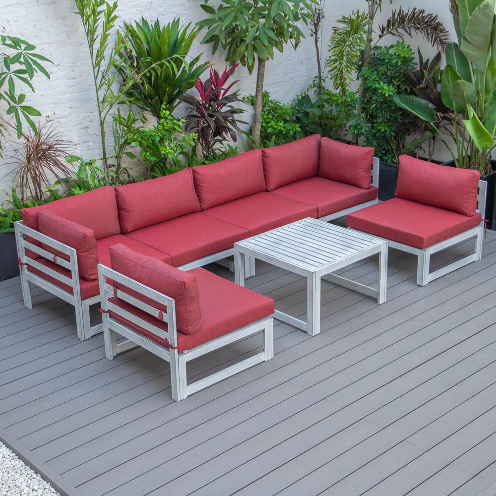 LeisureMod Chelsea 7-Piece Patio Sectional And Coffee Table Set Weathered Grey Aluminum With Cushions CSTWGR-7R