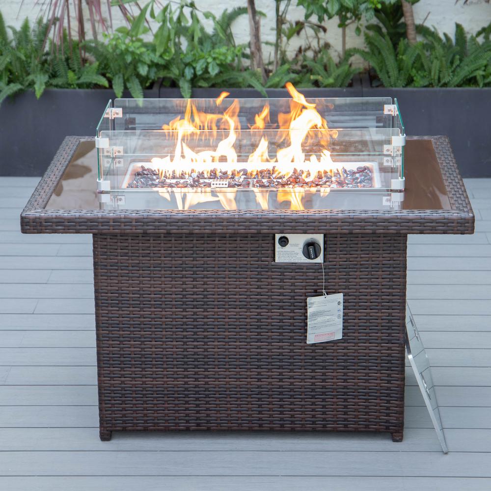 LeisureMod Mace Wicker Patio Modern Propane Fire Pit Table, Dark Brown