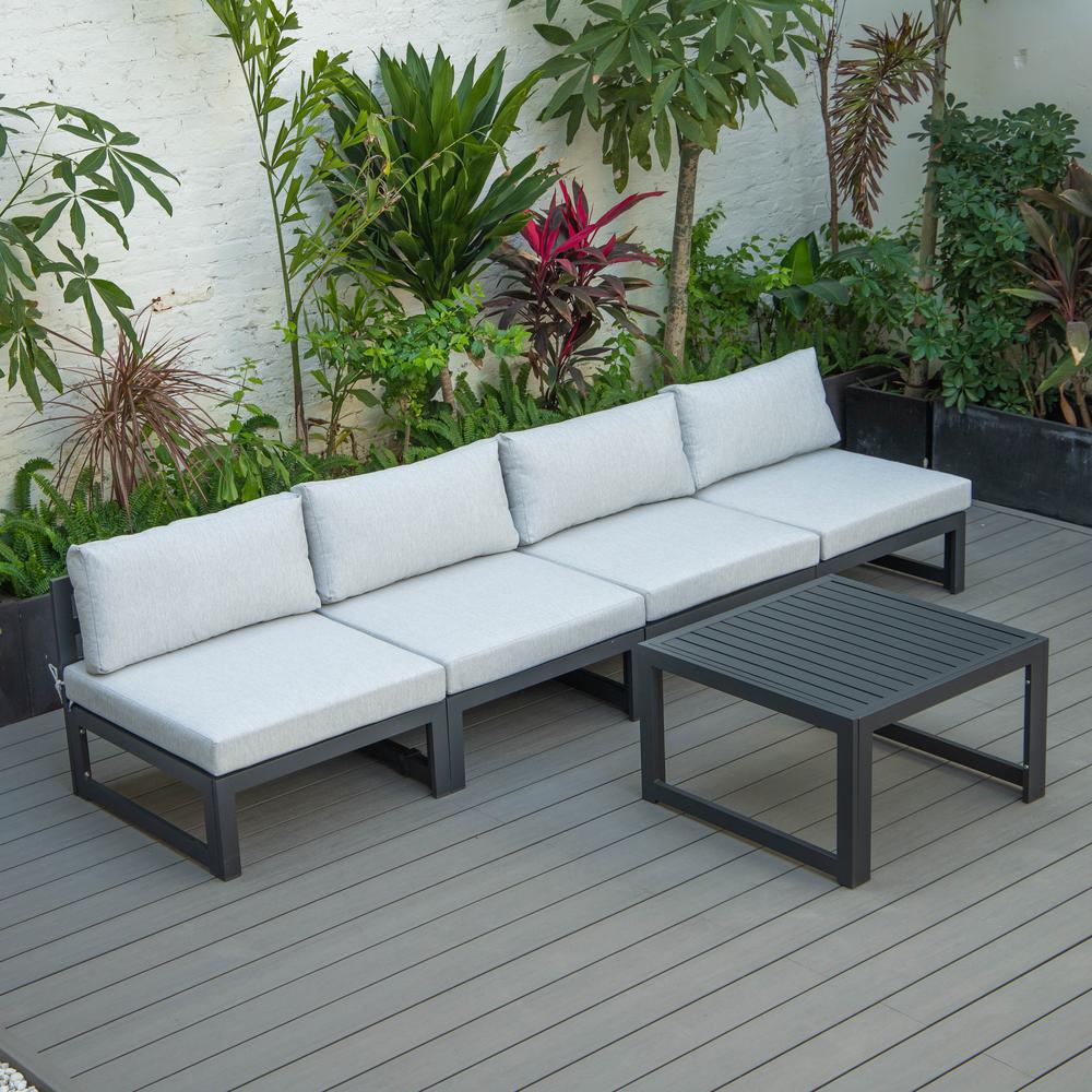 LeisureMod Chelsea 5-Piece Middle Patio Chairs and Coffee Table Set Black Aluminum With Cushions - Light Grey