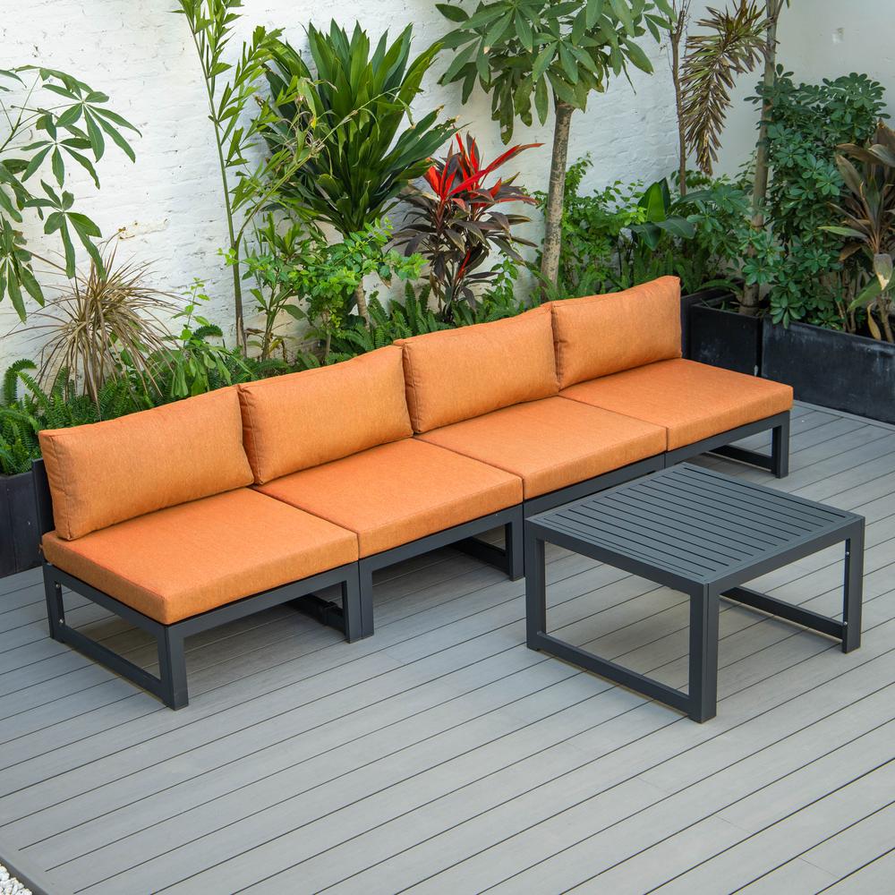 LeisureMod Chelsea 5-Piece Middle Patio Chairs and Coffee Table Set Black Aluminum With Cushions - Orange