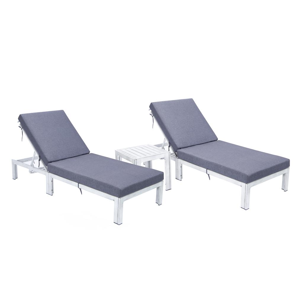 LeisureMod Chelsea Modern Outdoor Blue Chaise Lounge Chair Set of 2 With Side Table & Cushions