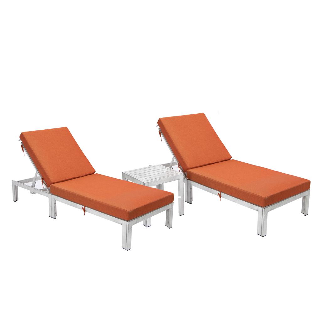 LeisureMod Chelsea Modern Outdoor Orange Chaise Lounge Chair Set of 2 With Side Table & Cushions