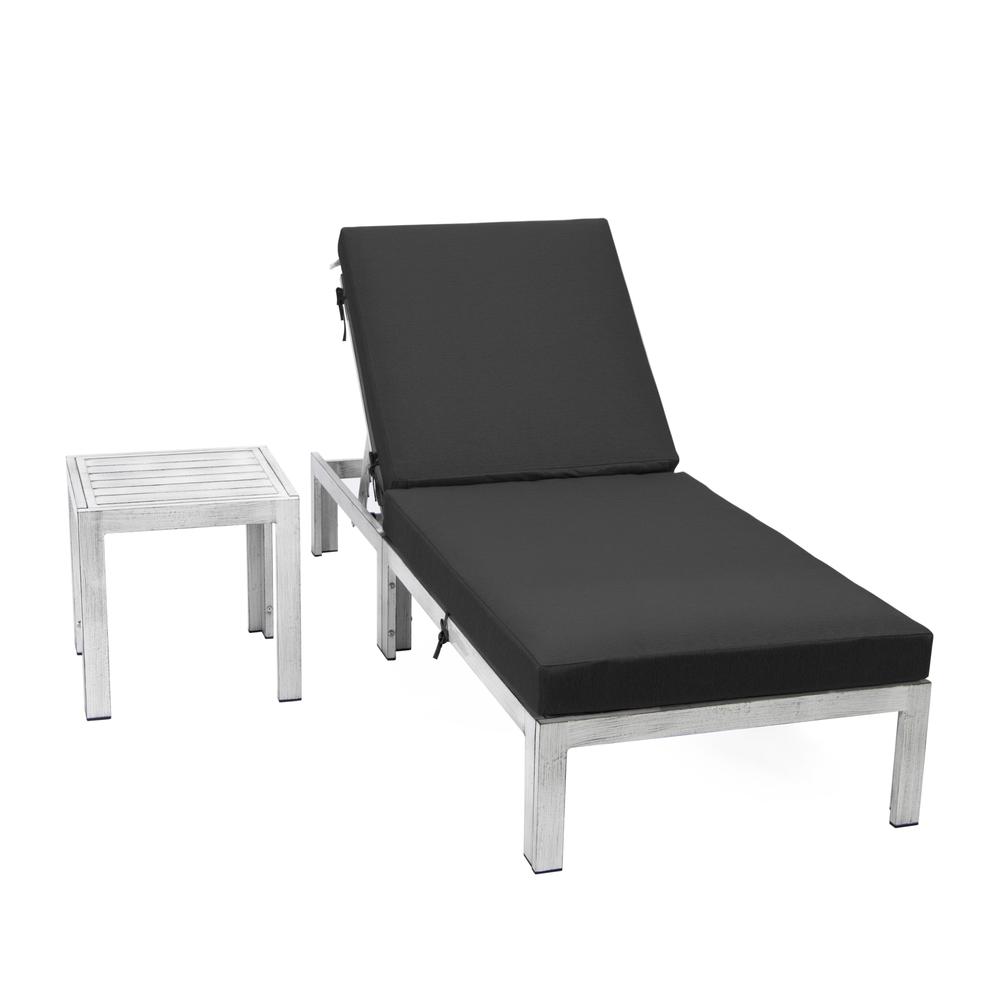 LeisureMod Chelsea Modern Outdoor Black Chaise Lounge Chair With Side Table & Cushions