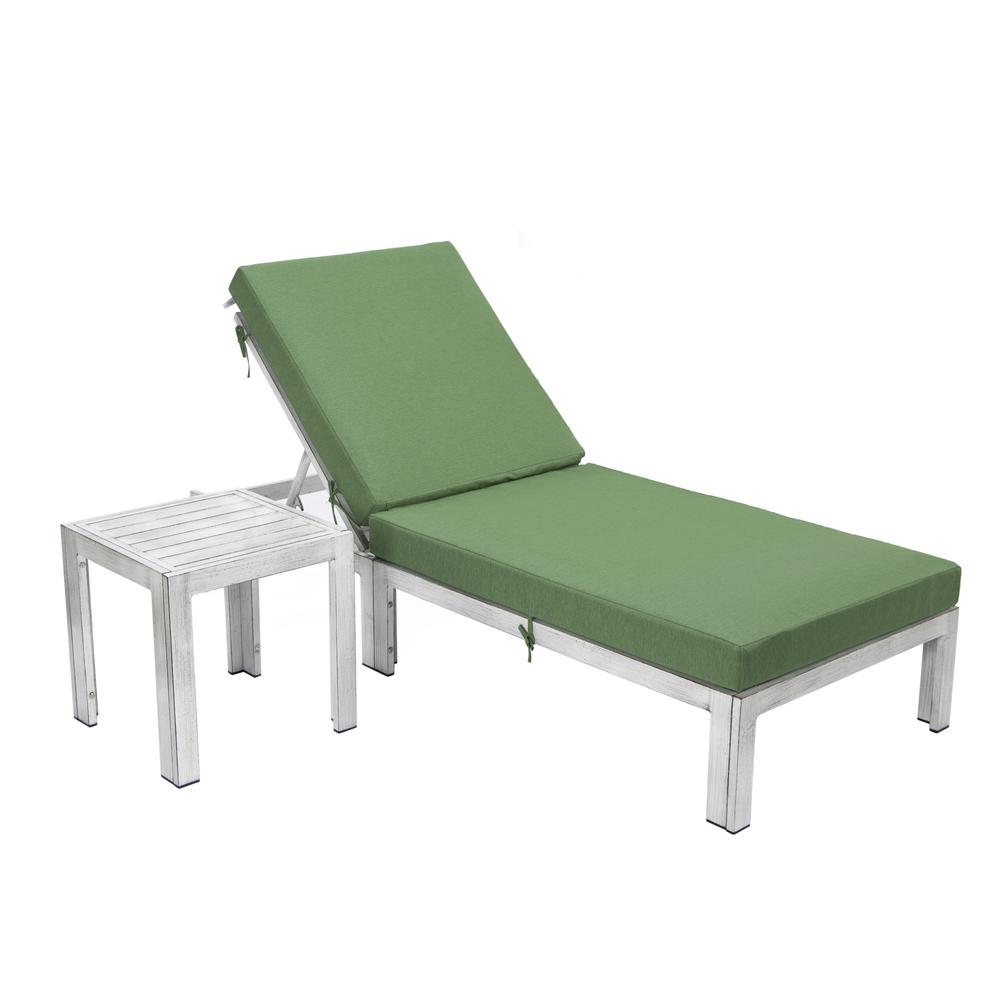 LeisureMod Chelsea Modern Outdoor GreenChaise Lounge Chair With Side Table & Cushions