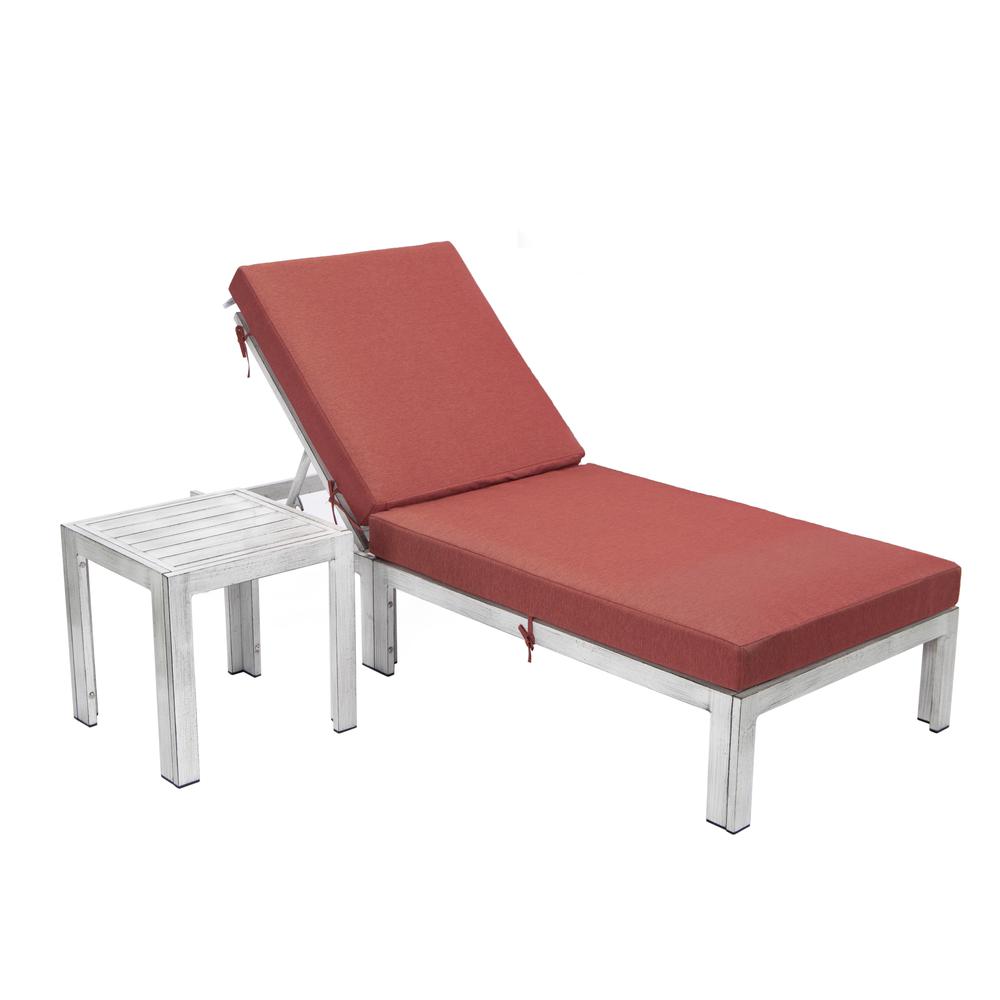 LeisureMod Chelsea Modern Outdoor Red Chaise Lounge Chair With Side Table & Cushions