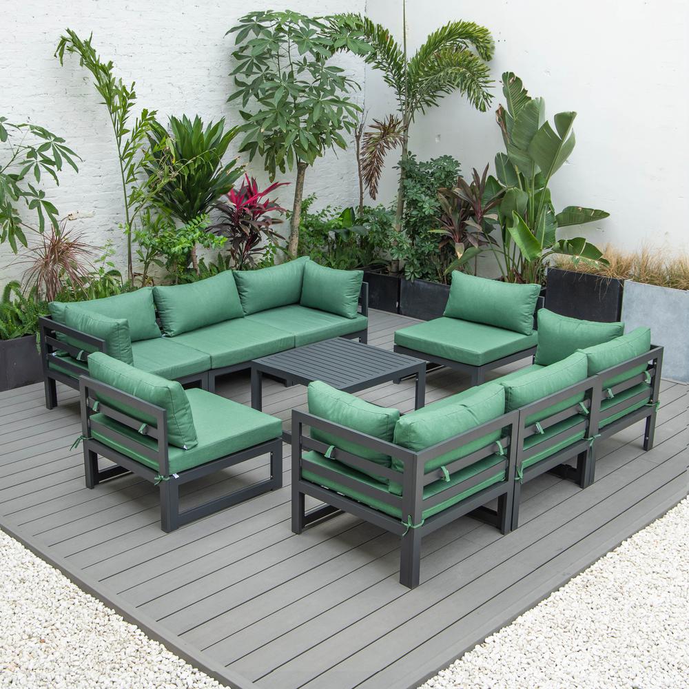 LeisureMod Chelsea 9-Piece Patio Sectional with Coffee Table Black Aluminum With Cushions, Green