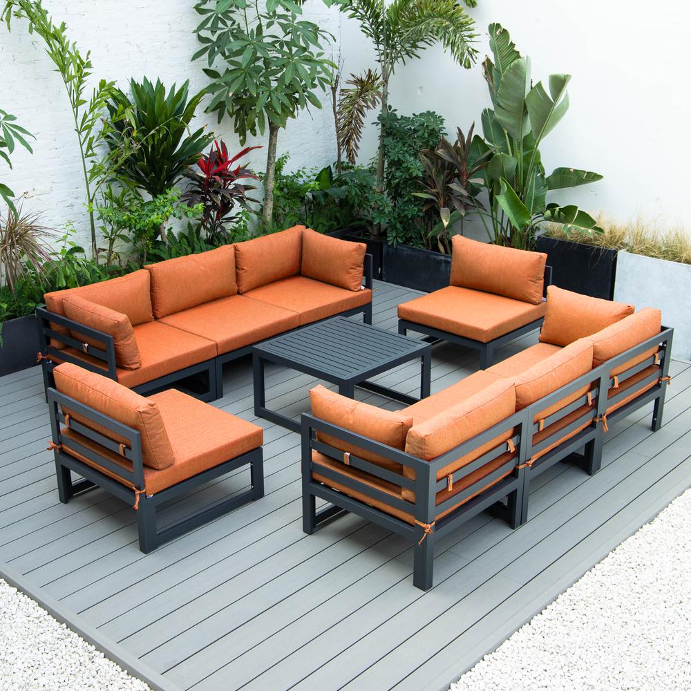 LeisureMod Chelsea 9-Piece Patio Sectional with Coffee Table Black Aluminum With Cushions, Orange