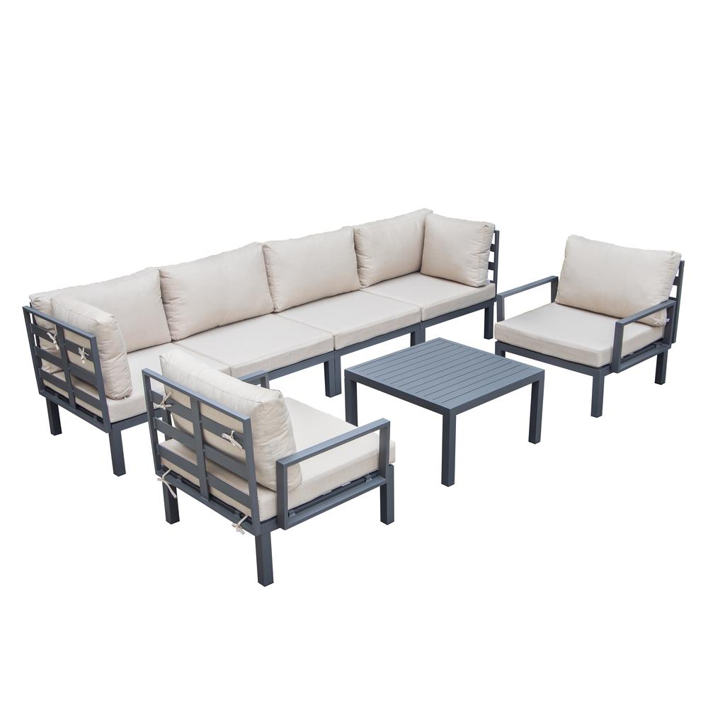 LeisureMod Hamilton 7-Piece Aluminum Patio Conversation Set With Coffee Table And Cushions Beige