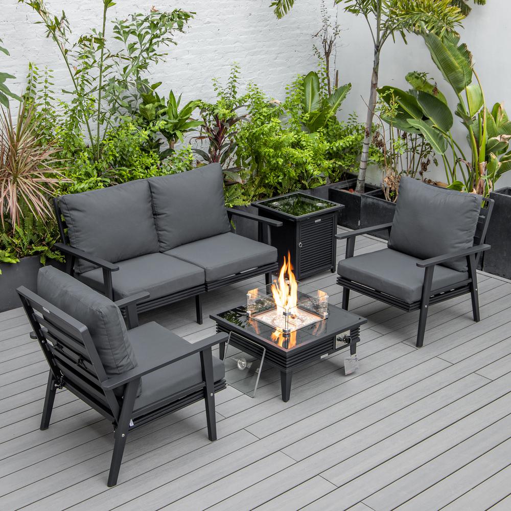 LeisureMod Walbrooke Modern Black Patio Conversation With Square Fire Pit With Slats Design & Tank Holder, Charcoal