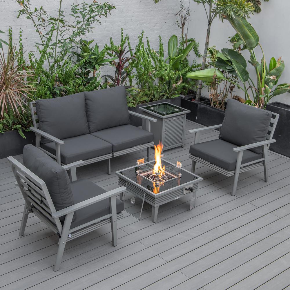 LeisureMod Walbrooke Modern Grey Patio Conversation With Square Fire Pit With Slats Design & Tank Holder, Charcoal
