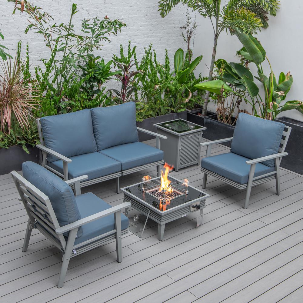 LeisureMod Walbrooke Modern Grey Patio Conversation With Square Fire Pit With Slats Design & Tank Holder, Navy Blue