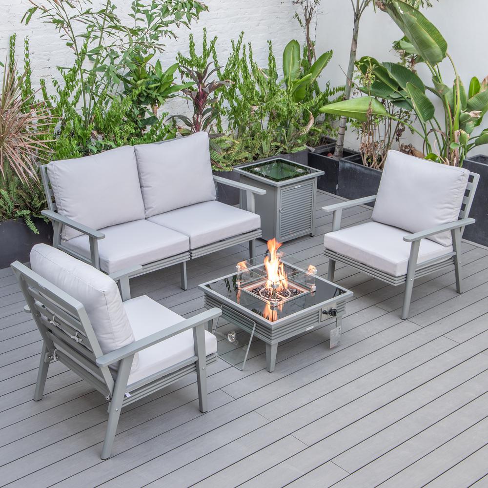 LeisureMod Walbrooke Modern Grey Patio Conversation With Square Fire Pit With Slats Design & Tank Holder, Light Grey