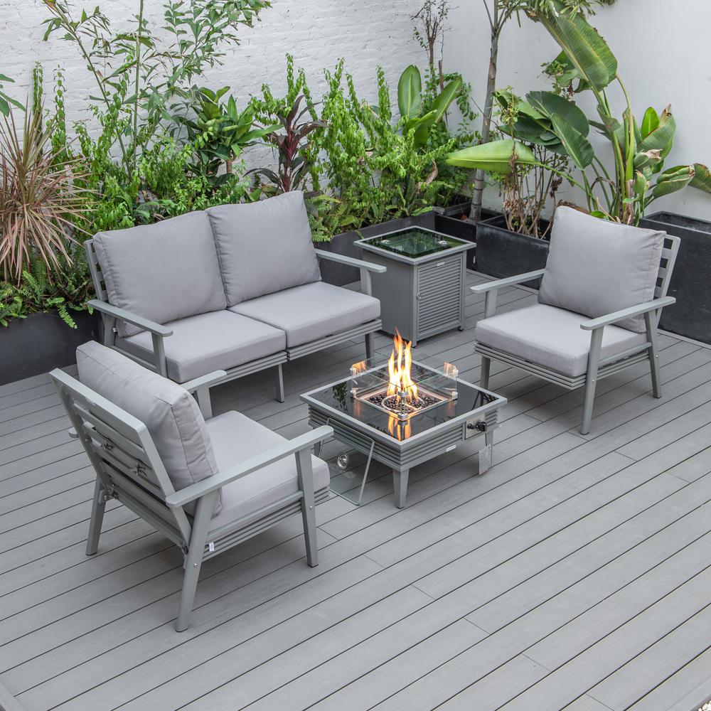 LeisureMod Walbrooke Modern Grey Patio Conversation With Square Fire Pit With Slats Design & Tank Holder, Grey