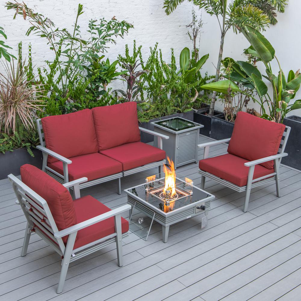 LeisureMod Walbrooke Modern Grey Patio Conversation With Square Fire Pit With Slats Design & Tank Holder, Red