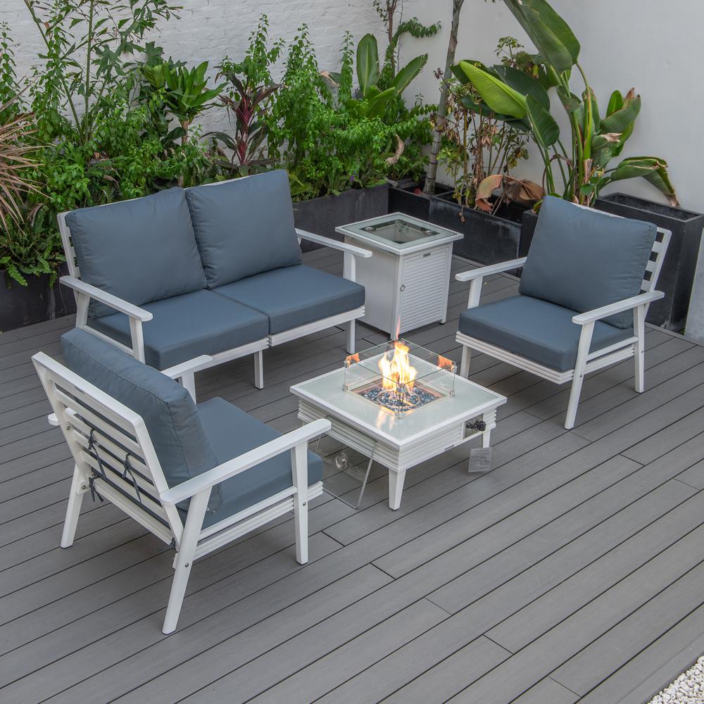 LeisureMod Walbrooke Modern White Patio Conversation With Square Fire Pit With Slats Design & Tank Holder, Navy Blue