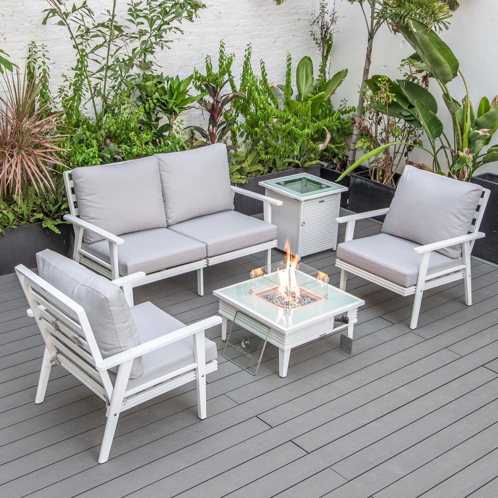 LeisureMod Walbrooke Modern White Patio Conversation With Square Fire Pit With Slats Design & Tank Holder, Light Grey