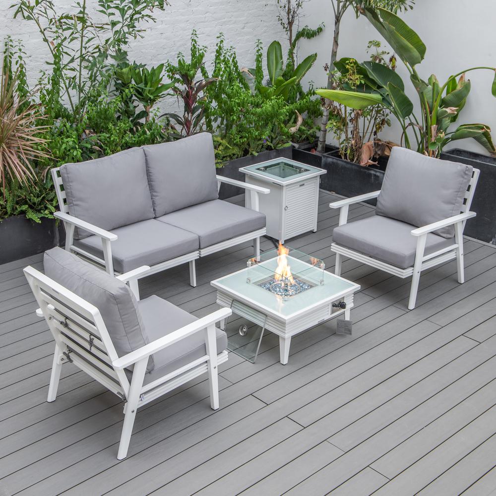 LeisureMod Walbrooke Modern White Patio Conversation With Square Fire Pit With Slats Design & Tank Holder, Grey