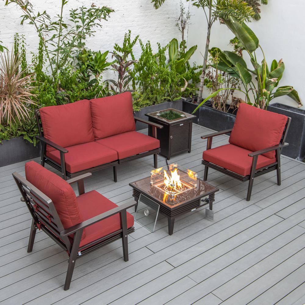 LeisureMod Walbrooke Modern Brown Patio Conversation With Square Fire Pit With Slats Design & Tank Holder, Red