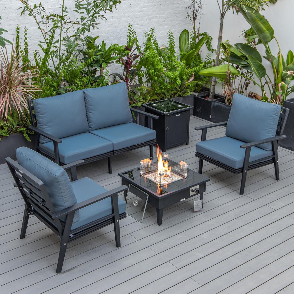 LeisureMod Walbrooke Modern Black Patio Conversation With Square Fire Pit & Tank Holder, Navy Blue