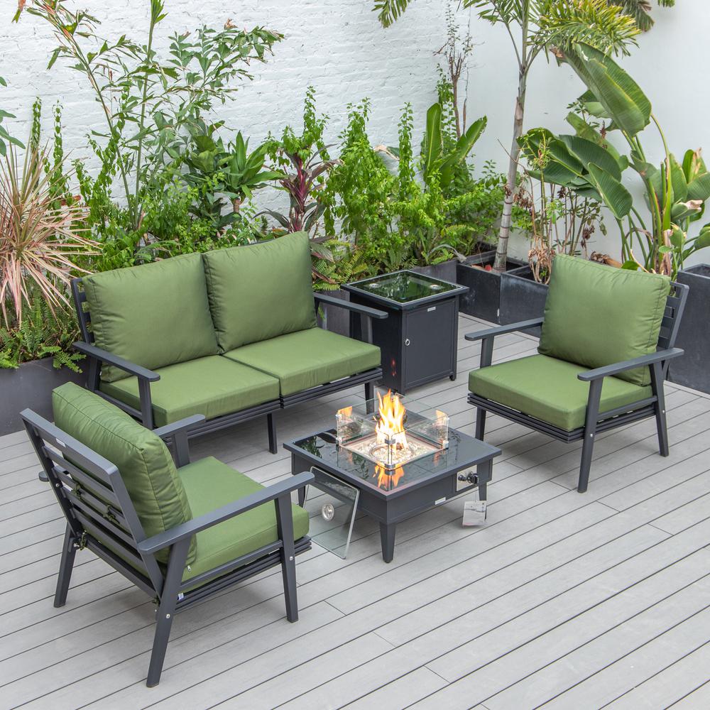 LeisureMod Walbrooke Modern Black Patio Conversation With Square Fire Pit & Tank Holder, Green
