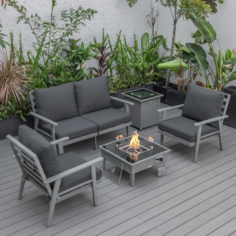 LeisureMod Walbrooke Modern Grey Patio Conversation With Square Fire Pit & Tank Holder, Charcoal