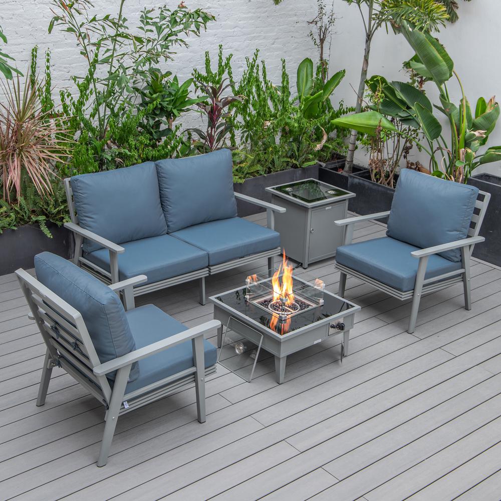 LeisureMod Walbrooke Modern Grey Patio Conversation With Square Fire Pit & Tank Holder, Navy Blue
