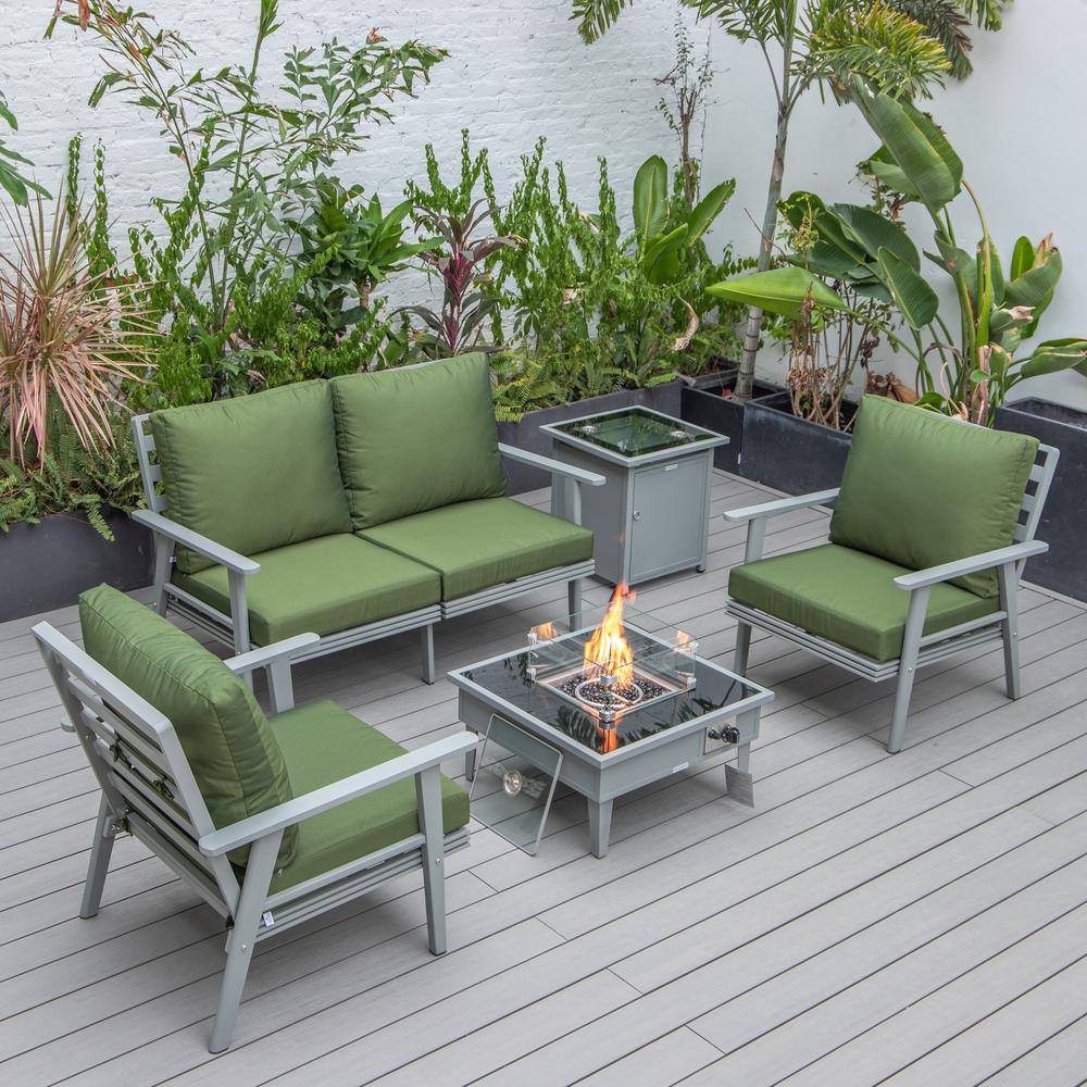 LeisureMod Walbrooke Modern Grey Patio Conversation With Square Fire Pit & Tank Holder, Green