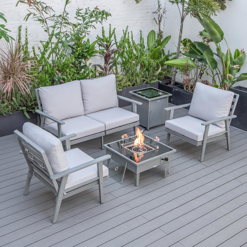 LeisureMod Walbrooke Modern Grey Patio Conversation With Square Fire Pit & Tank Holder, Light Grey