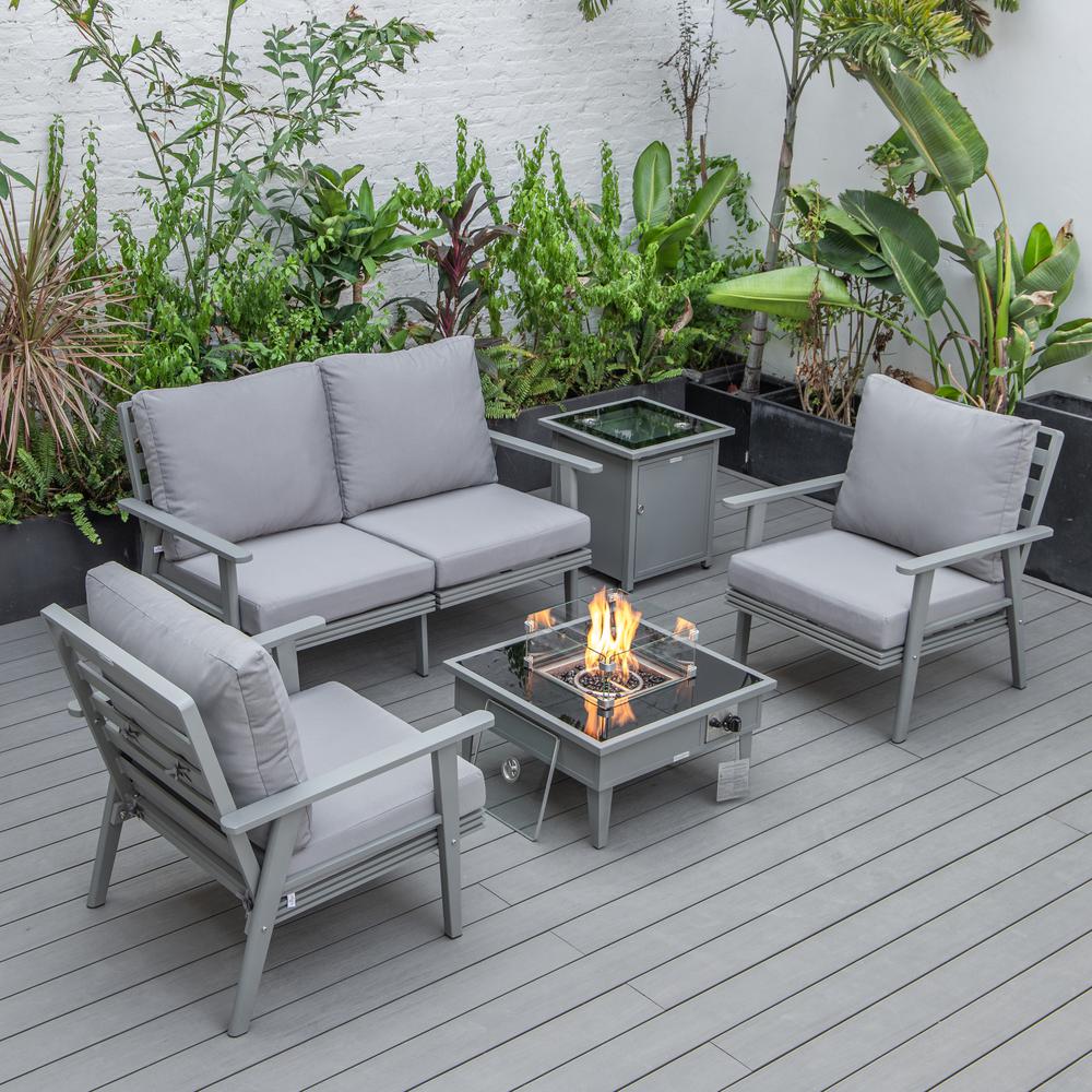 LeisureMod Walbrooke Modern Grey Patio Conversation With Square Fire Pit & Tank Holder, Grey