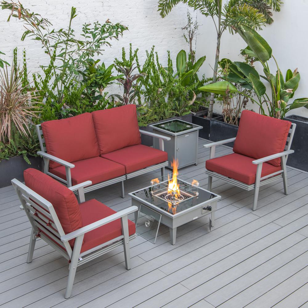 LeisureMod Walbrooke Modern Grey Patio Conversation With Square Fire Pit & Tank Holder, Red
