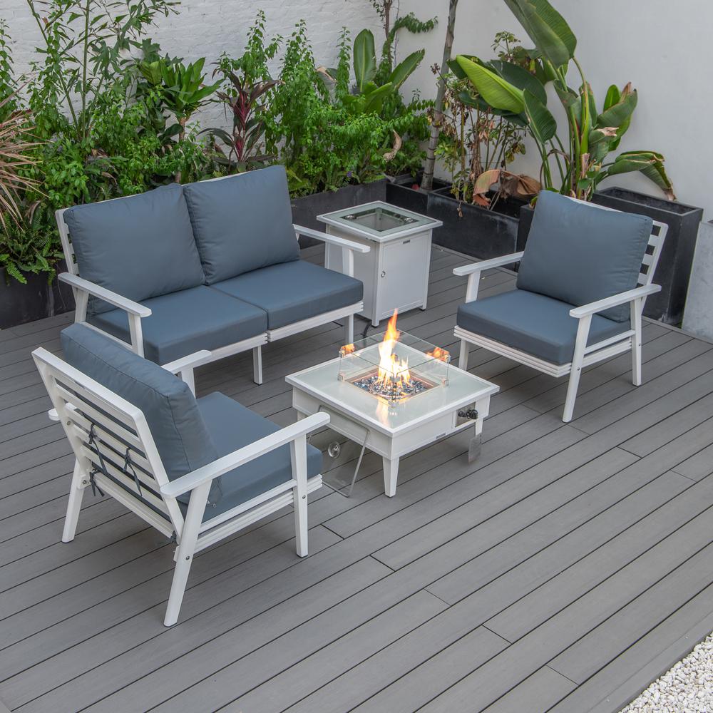 LeisureMod Walbrooke Modern White Patio Conversation With Square Fire Pit & Tank Holder, Navy Blue