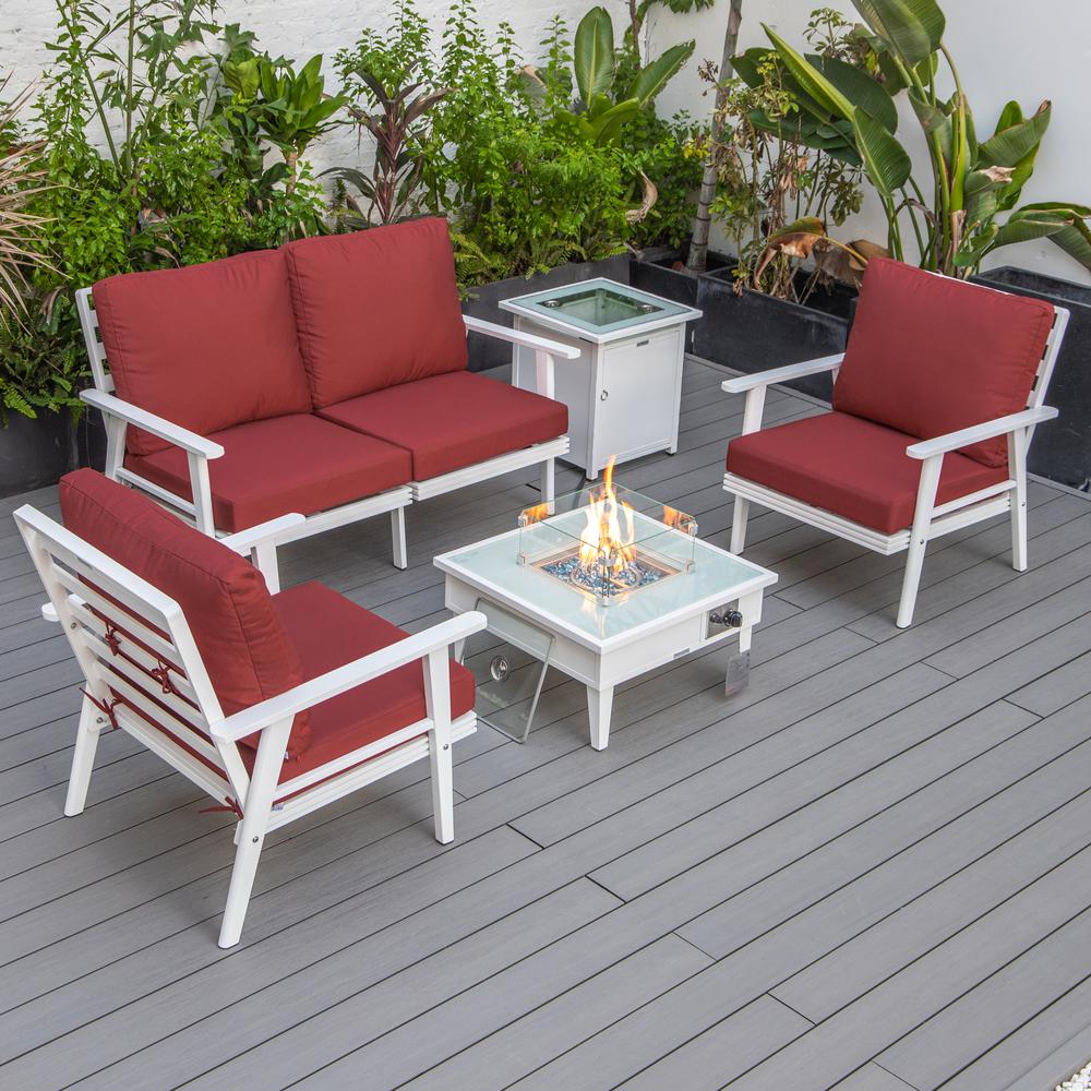 LeisureMod Walbrooke Modern White Patio Conversation With Square Fire Pit & Tank Holder, Red