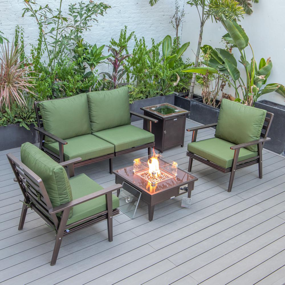 LeisureMod Walbrooke Modern Brown Patio Conversation With Square Fire Pit & Tank Holder, Green