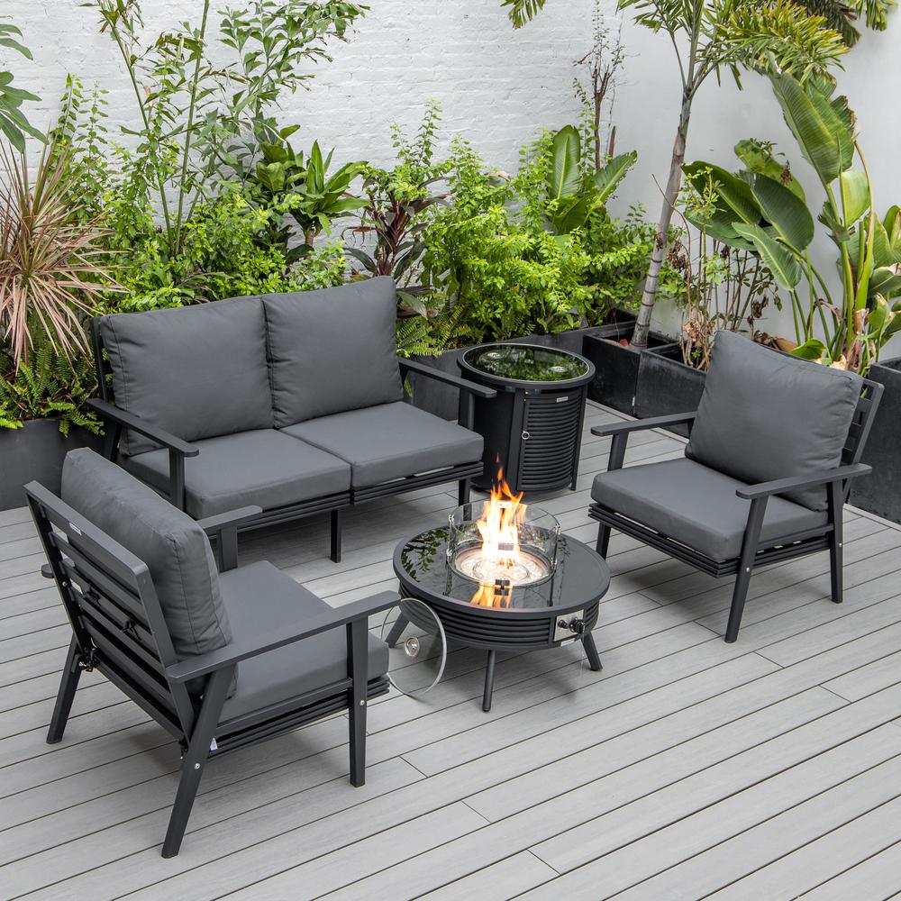 LeisureMod Walbrooke Modern Black Patio Conversation With Round Fire Pit With Slats Design & Tank Holder, Charcoal