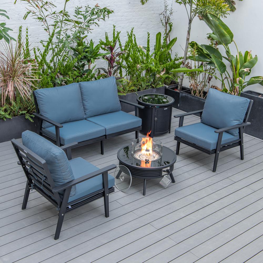 LeisureMod Walbrooke Modern Black Patio Conversation With Round Fire Pit With Slats Design & Tank Holder, Navy Blue