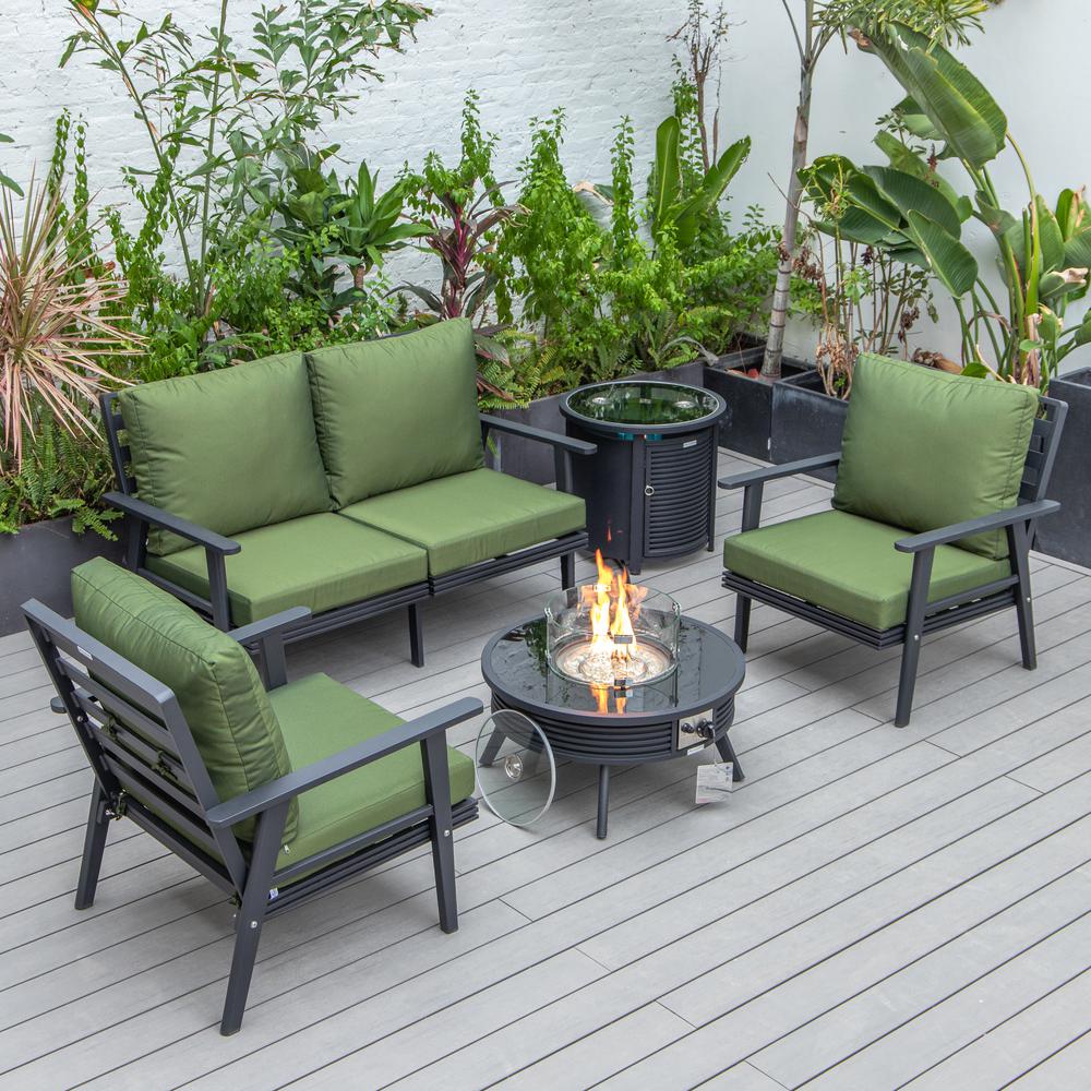 LeisureMod Walbrooke Modern Black Patio Conversation With Round Fire Pit With Slats Design & Tank Holder, Green