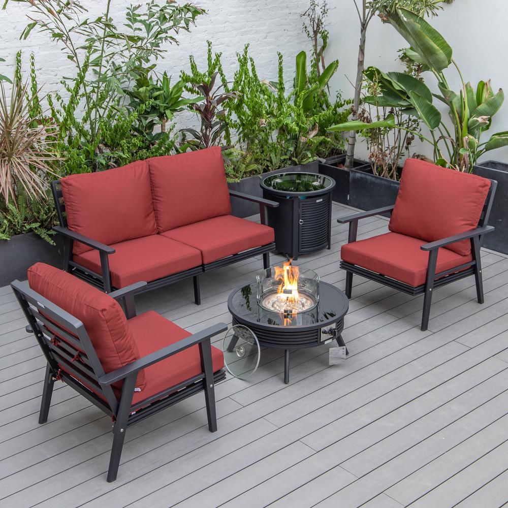 LeisureMod Walbrooke Modern Black Patio Conversation With Round Fire Pit With Slats Design & Tank Holder, Red