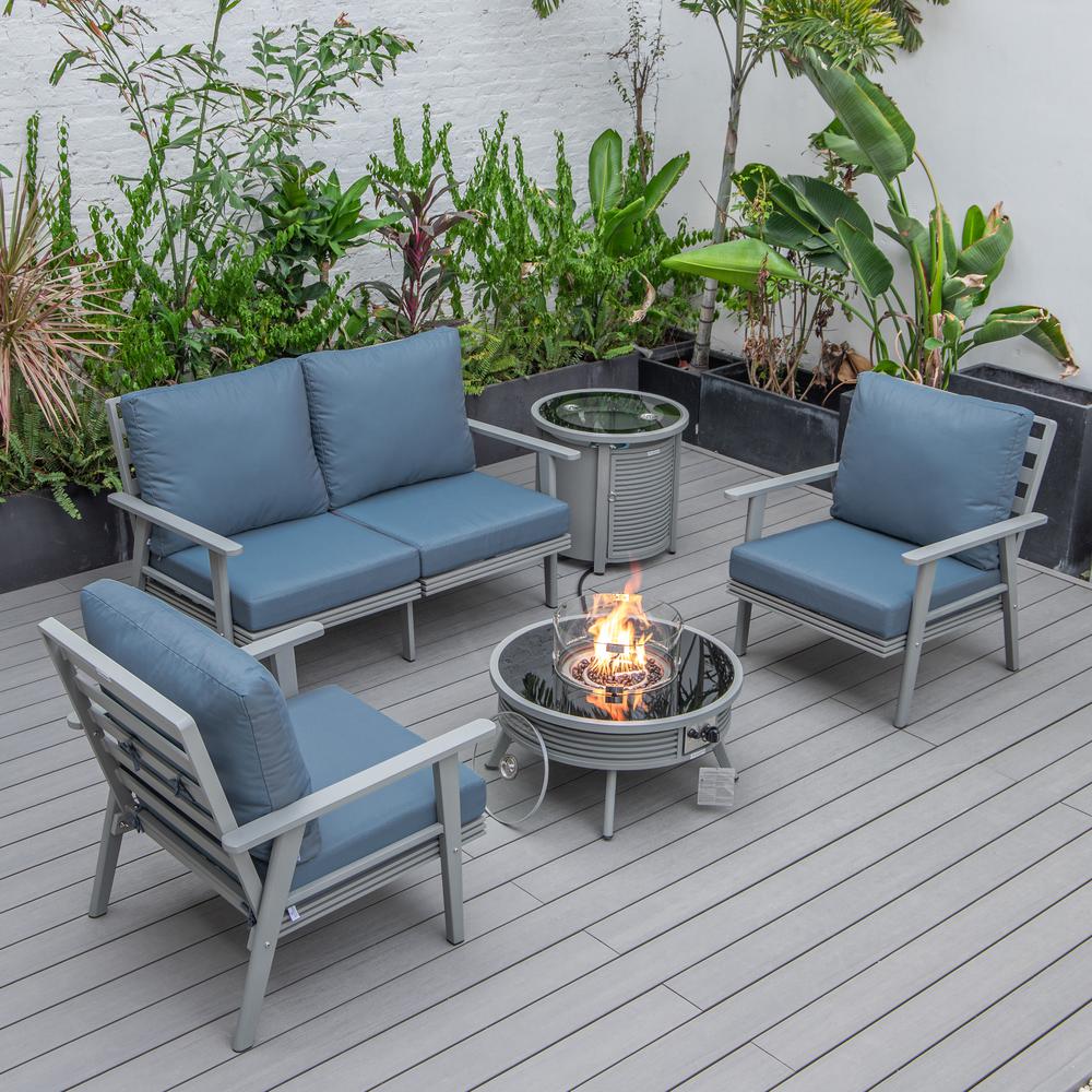 LeisureMod Walbrooke Modern Grey Patio Conversation With Round Fire Pit With Slats Design & Tank Holder, Navy Blue