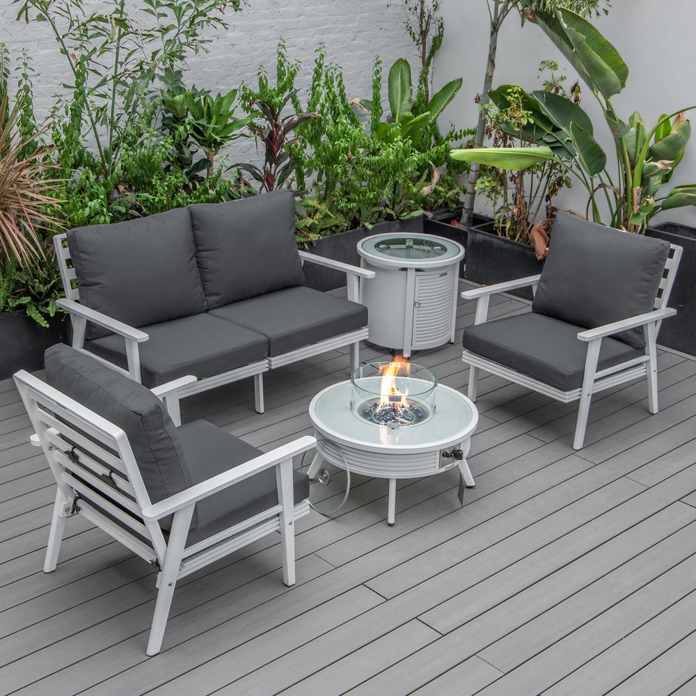 LeisureMod Walbrooke Modern White Patio Conversation With Round Fire Pit With Slats Design & Tank Holder, Charcoal