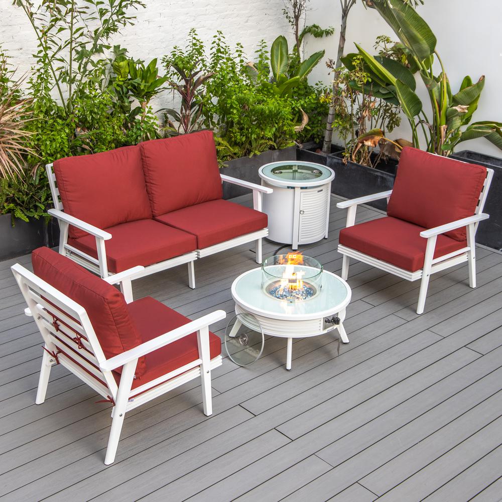 LeisureMod Walbrooke Modern White Patio Conversation With Round Fire Pit With Slats Design & Tank Holder, Red