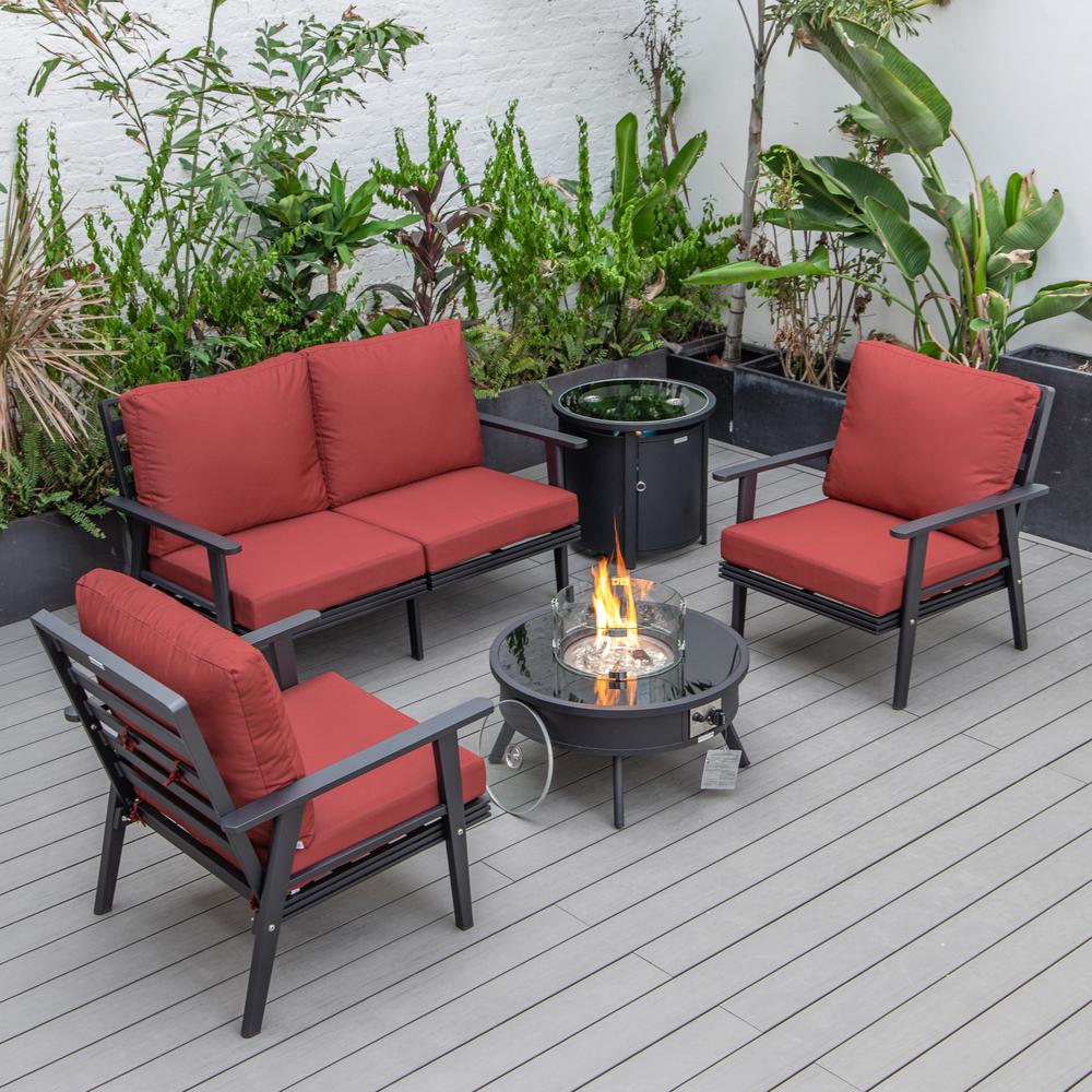 LeisureMod Walbrooke Modern Black Patio Conversation With Round Fire Pit & Tank Holder, Red