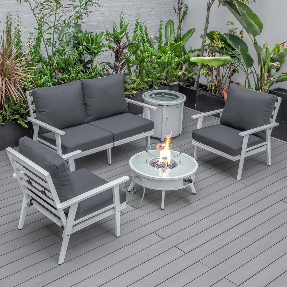 LeisureMod Walbrooke Modern White Patio Conversation With Round Fire Pit & Tank Holder, Charcoal