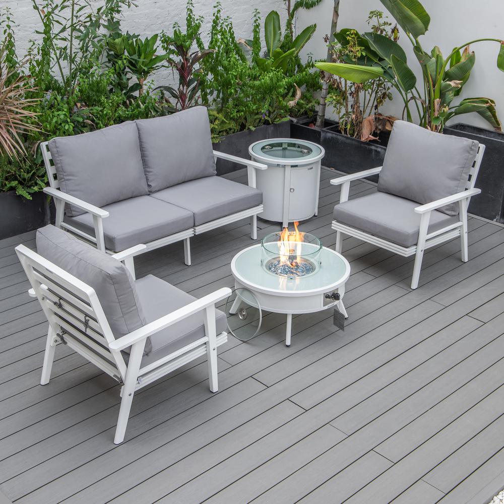 LeisureMod Walbrooke Modern White Patio Conversation With Round Fire Pit & Tank Holder, Grey